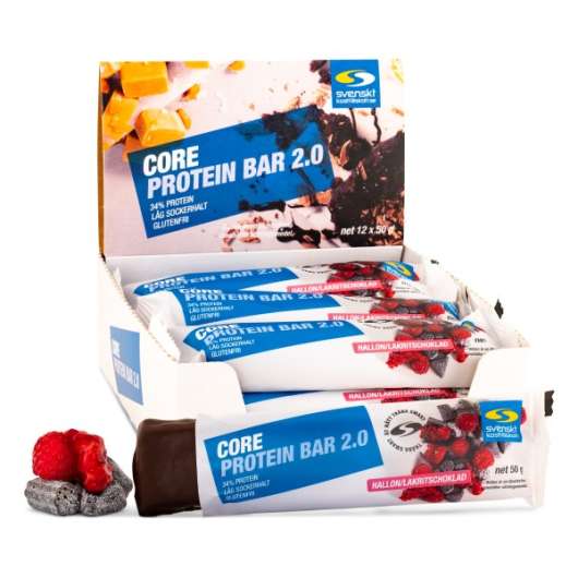Core Protein Bar 2.0, Hallon/Lakrits, 12-pack