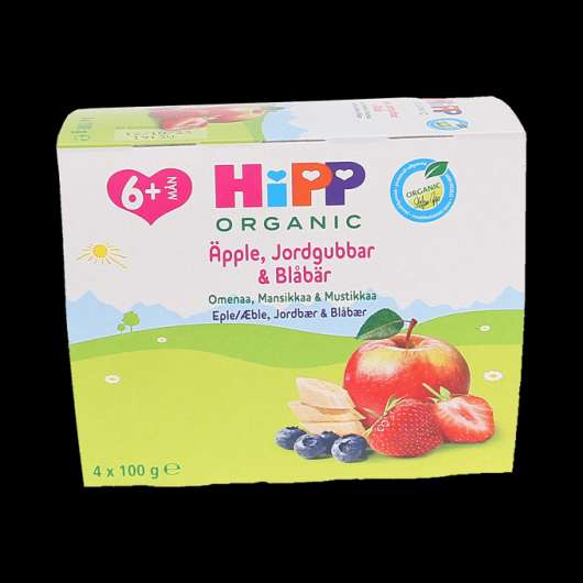 Hipp 2 x Barnmat Fruktpuré Äpple Jordgubb & Blåbär 4-pack